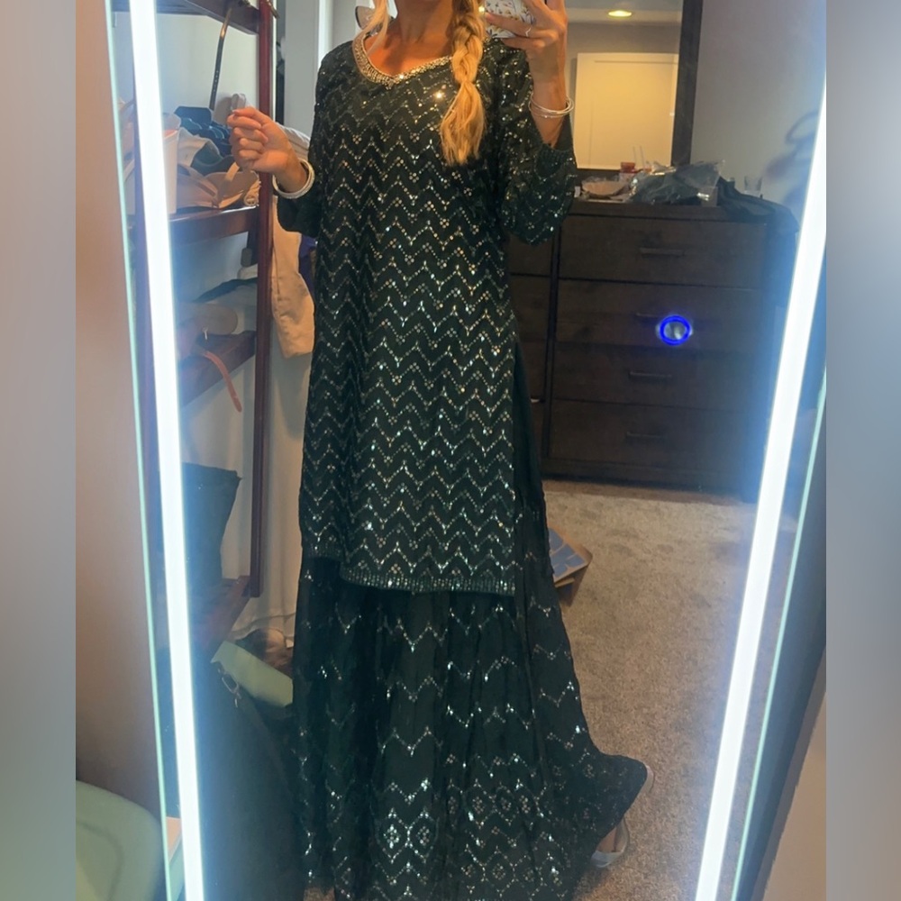 Indian Teal Embroidered Sharara Set with Detachable Drape - S